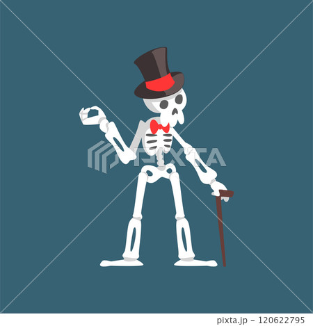 Skeleton Gentleman Weaing Top Hat and Bow Tie Standing with Walking Stick, Funny Dead Man Cartoon Character Vector Illustration 120622795
