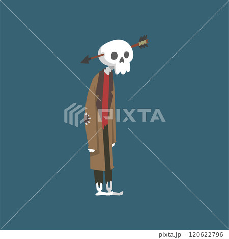 Human Skeleton in Old Shabby Clothes with Arrow in His Head, Zombie Cartoon Character Vector Illustration Human Skeleton in Old Shabby Clothes with Arrow in His Head, Zombie Cartoon Character Vector Illustration 120622796