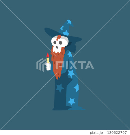 Bearded Skeleton Sorcerer, Funny Dead Man Cartoon Character Wearing Blue Mantle with Stars and Pointed Hat Vector Illustration 120622797
