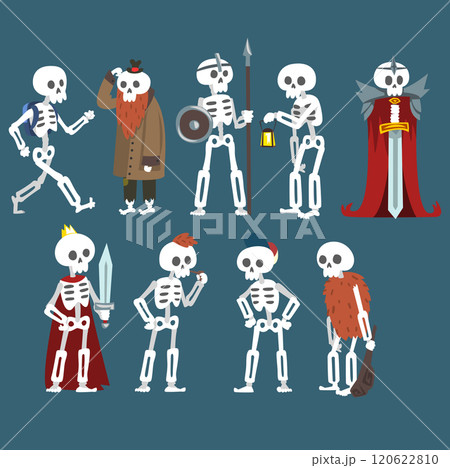 Human Skeletons Set, Funny Dead Man Zombie Cartoon Character in Different Poses and Situations Vector Illustration Human Skeletons Set, Funny Dead Man Zombie Cartoon Character in Different Poses and Situations Vector Illustration 120622810
