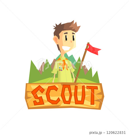 Scout Banner Template, Scouting Boy with Flag, Kids Summer Camp Vector Illustration 120622831