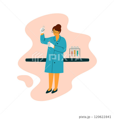 Female Scientist Technician Character Wearing Blue Coat Working at Researching Lab, Scientific Research Concept Vector Illustration Female Scientist Technician Character Wearing Blue Coat Working at Researching Lab, Scientific Research Concept Vector Illustration 120622841