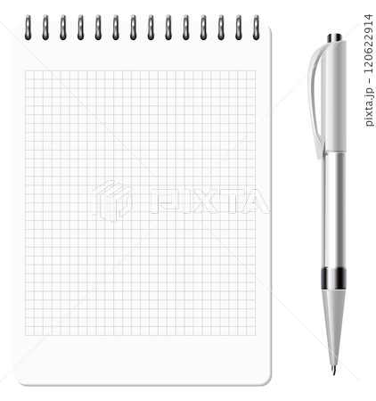 Open notepad with square paper and realistic pen mockup 120622914