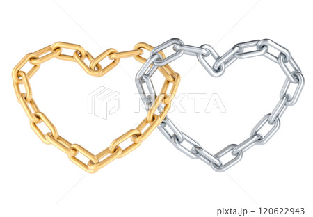 Hearts from silver and golden chains crossed each other. 3D rendering Hearts from silver and golden chains crossed each other. 3D rendering 120622943