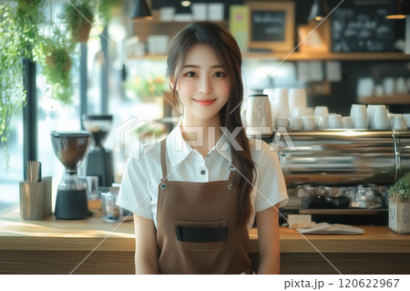 おしゃれなカフェで働くかわいいい日本人女性 120622967