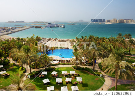 Beach with a view on Jumeirah Palm man-made island, Dubai, UAE Beach with a view on Jumeirah Palm man-made island, Dubai, UAE 120622968
