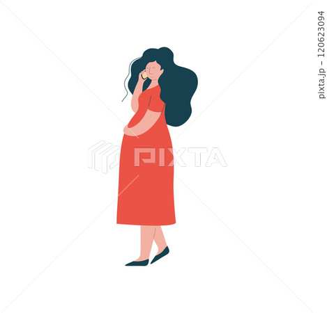 Attractive Brunette Pregnant Woman in Red Dress Talking on Phone, Happy Pregnancy, Maternal Health Care Vector Illustration Attractive Brunette Pregnant Woman in Red Dress Talking on Phone, Happy Pregnancy, Maternal Health Care Vector Illustration 120623094