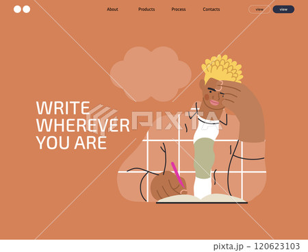 Writing people, modern flat vector concept illustration- sitting man thoughtfully writing on notebook, bubble near head Metaphor for reflection, personal insight, contemplation, creative expression 120623103
