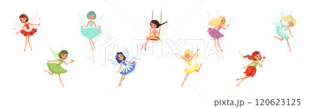 Cute Fairy Girl Flying with Light Wings in Pretty Dress Vector Set Cute Fairy Girl Flying with Light Wings in Pretty Dress Vector Set 120623125