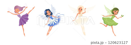 Cute Fairy Girl Flying with Light Wings in Pretty Dress Vector Set 120623127