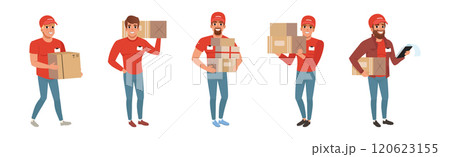 Man Courier Character in Uniform and Cap Delivery Parcel and Box Vector Set 120623155