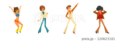 People Character in Retro Style Clothes Dancing Disco Vector Set 120623181