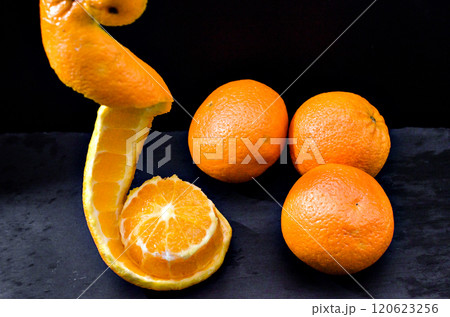 Oranges on wooden bowl with black background	 120623256