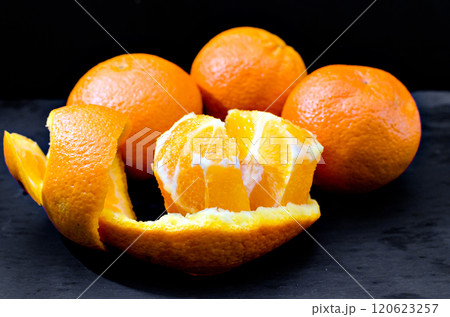 Oranges on wooden bowl with black background	 120623257