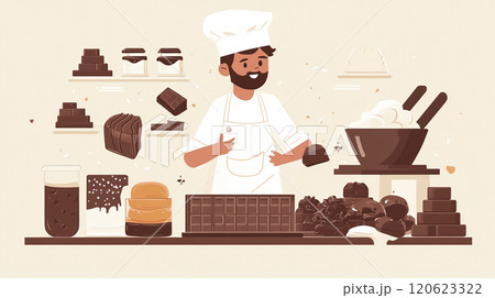 パティシエがチョコレート制作に取り組むフラットデザインイラスト パティシエがチョコレート制作に取り組むフラットデザインイラスト 120623322
