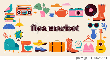 Garage Sale, Yard sale posters, flyers, post templates. Retro style flea market, second hand and Garage Sale, Yard sale posters, flyers, post templates. Retro style flea market, second hand and 120623331