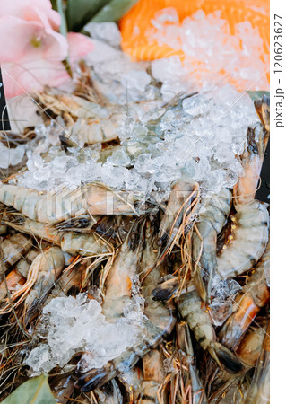 Fresh prawns on ice, perfect for seafood dishes and culinary presentations 120623627