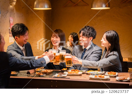 居酒屋で盛大に乾杯をするビジネスパーソン 居酒屋で盛大に乾杯をするビジネスパーソン 120623737
