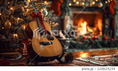 Brand New Guitar Christmas Gift with a Red Bow Under The Tree. Generative AI. 120624234