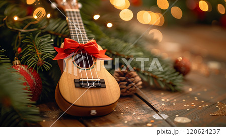 Brand New Ukulele Christmas Gift with a Red Bow Under The Tree. Generative AI. 120624237