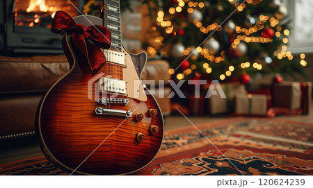 Brand New Electric Guitar Christmas Gift with a Red Bow Under The Tree. Generative AI. 120624239