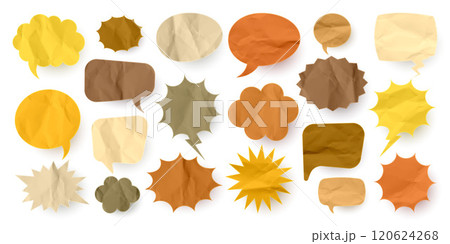 Crumpled brown paper comic speech bubbles. Hand drawn retro cartoon stickers. Pop art style. Old, vintage dialog boxes with cardboard texture. Vector illustration 120624268