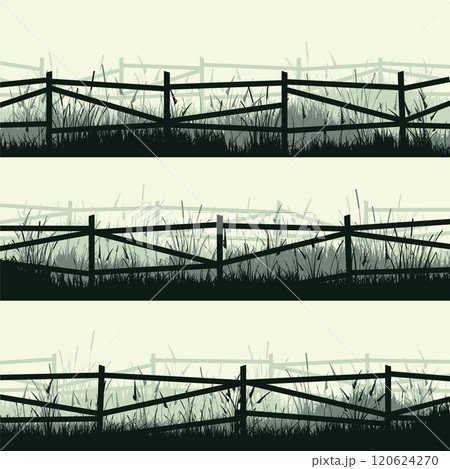 Meadow silhouettes with grass and old wooden fence. Countryside, panoramic summer lawn rural landscape with herbs, weeds. Herbal border, frame element. Green horizontal banners. Vector illustration 120624270