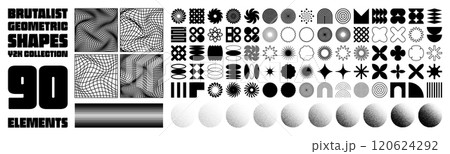 Brutalist geometric shapes, modern symbols. Groovy checkered pattern, distorted tiled grid. Simple elements, forms. Retro design, trendy contemporary minimalist style, y2k. Vector illustration Brutalist geometric shapes, modern symbols. Groovy checkered pattern, distorted tiled grid. Simple elements, forms. Retro design, trendy contemporary minimalist style, y2k. Vector illustration 120624292