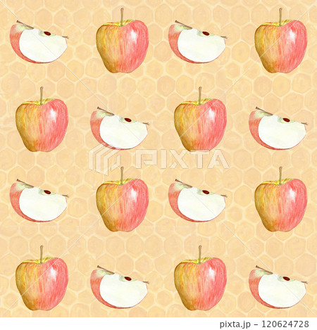 A shiny striped apple whole and a quarter watercolor seamless pattern on honey comb background. Hand-painted art perfect for culinary designs, packages, Rosh Hashanah, juice, harvest themed decor A shiny striped apple whole and a quarter watercolor seamless pattern on honey comb background. Hand-painted art perfect for culinary designs, packages, Rosh Hashanah, juice, harvest themed decor 120624728