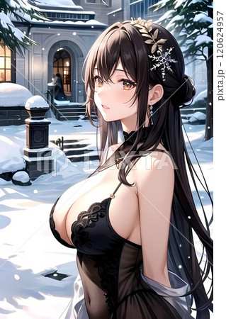 雪の中でたたずむ女性 120624957