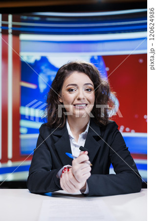 TV host delivering daily happenings in the studio while providing live coverage on every relevant topics. Journalist for worldwide media presenting stories on global television connection. 120624986