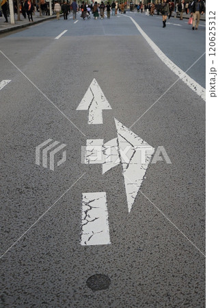 道路上の路面標示　直進と右折の道路標示 120625312