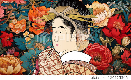 カラフルな花と和服女性　その2（背景：生成AI）	 120625343
