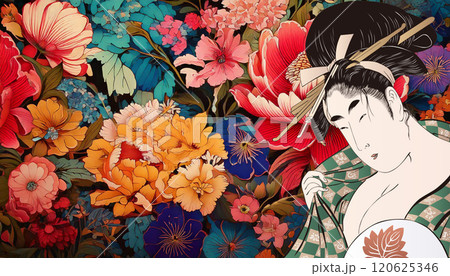 カラフルな花と和服女性（背景：生成AI）	 120625346