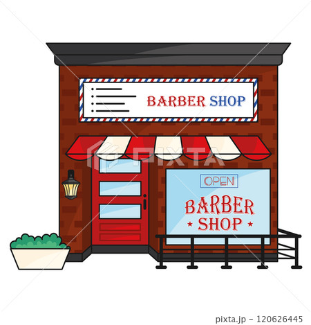 Classic barber shop facade with red awning, Vector 120626445