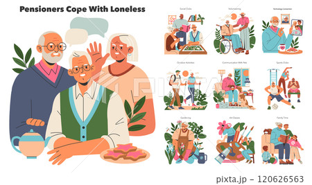 Senior Engagement concept. Elderly individuals engaging in social activities to combat loneliness. Social clubs, volunteering, and family interactions depicted. Vector illustration. 120626563