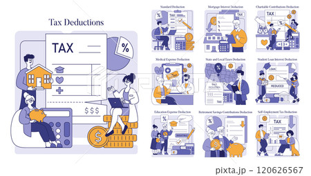 Tax Deductions concept. An informative guide to various tax savings such as standard, medical, and education deductions. Vector illustration. Tax Deductions concept. An informative guide to various tax savings such as standard, medical, and education deductions. Vector illustration. 120626567