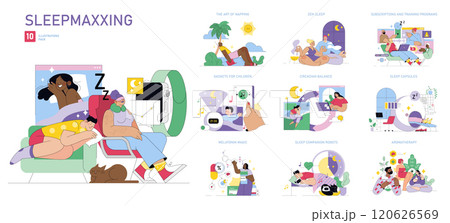 Sleepmaxxing set. Illustrations showcasing methods for improving sleep quality. Relaxation techniques, high-tech sleep aids, and wellness habits. Vector illustration. Sleepmaxxing set. Illustrations showcasing methods for improving sleep quality. Relaxation techniques, high-tech sleep aids, and wellness habits. Vector illustration. 120626569