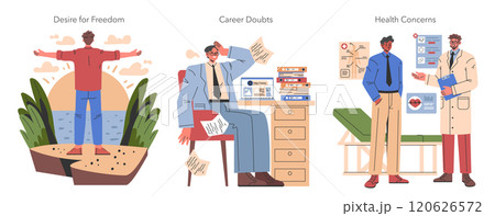 Men Midlife Crisis set. Illustrating life transitions with longing for freedom, professional burnout, and health worries. Emotional stages and self-reflection. Vector illustration. 120626572