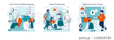Retirement lifestyle set. Seniors engaging in remote work, volunteer activities, and digital education. Empowerment, community contribution, and technology embrace. Vector illustration. Retirement lifestyle set. Seniors engaging in remote work, volunteer activities, and digital education. Empowerment, community contribution, and technology embrace. Vector illustration. 120626580