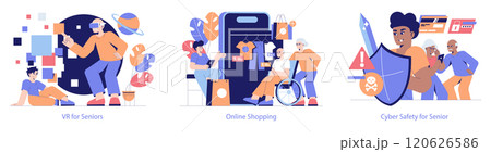 Tech Help Across Generations set. Illustrations of seniors engaging with technology, online shopping, and cybersecurity. Inclusion and digital literacy for the elderly. Vector illustration. 120626586