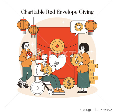 Lunar New Year charity concept. People donating money through big red envelope adorned with heart symbol, promoting generosity. Vector illustration. 120626592