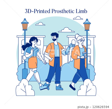 Adaptive Technology concept. Illustration of people with a 3D-printed prosthetic limb enjoying a walk. Inclusion and innovation in assistive devices. Vector illustration. 120626594