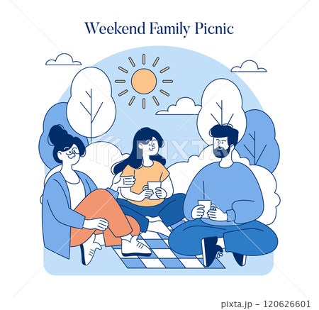 Weekend Family Picnic concept. A serene outing with parents and child relaxing under the sun. Bonding moment, leisure in nature. Vector illustration. 120626601