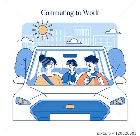 Middle Class Family concept. Portrayal of daily urban life with a family commuting to work by car on a sunny day. Routine, togetherness, city backdrop. Vector illustration. 120626603