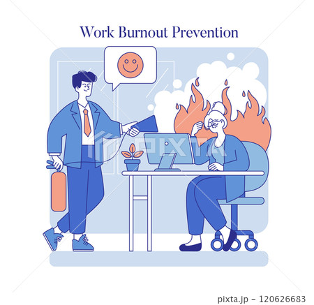 Work burnout prevention illustration. A supportive colleague extinguishes burnout at the workplace, aiding a stressed employee. Vector illustration. 120626683