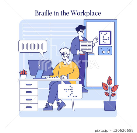 Inclusion and accessibility with Braille in the workplace featuring employees interacting with tactile text. Workplace adaptability for the visually impaired. Vector illustration. 120626689