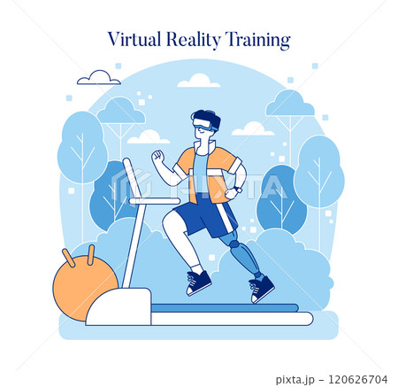 Virtual reality training concept with an athlete using an artificial limb. Inclusive exercise technologies. Prosthetic-friendly sports. Vector illustration. 120626704