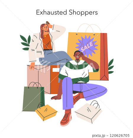 Black Friday concept. Tired shoppers resting amidst bags after a busy sale event. Retail therapy aftermath and consumer culture. Vector illustration. 120626705