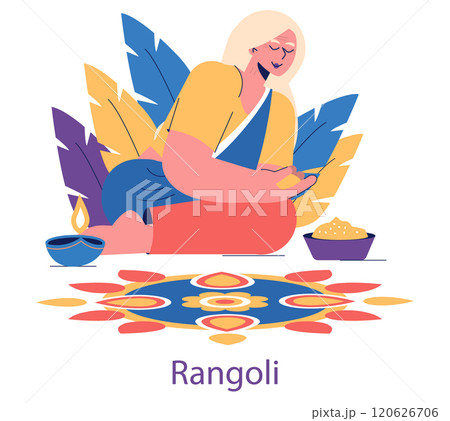 Diwali celebration concept. Woman creates colorful Rangoli design, symbol of Diwali festival joy. Traditional Indian culture, festive mood and decoration. Vector illustration. 120626706